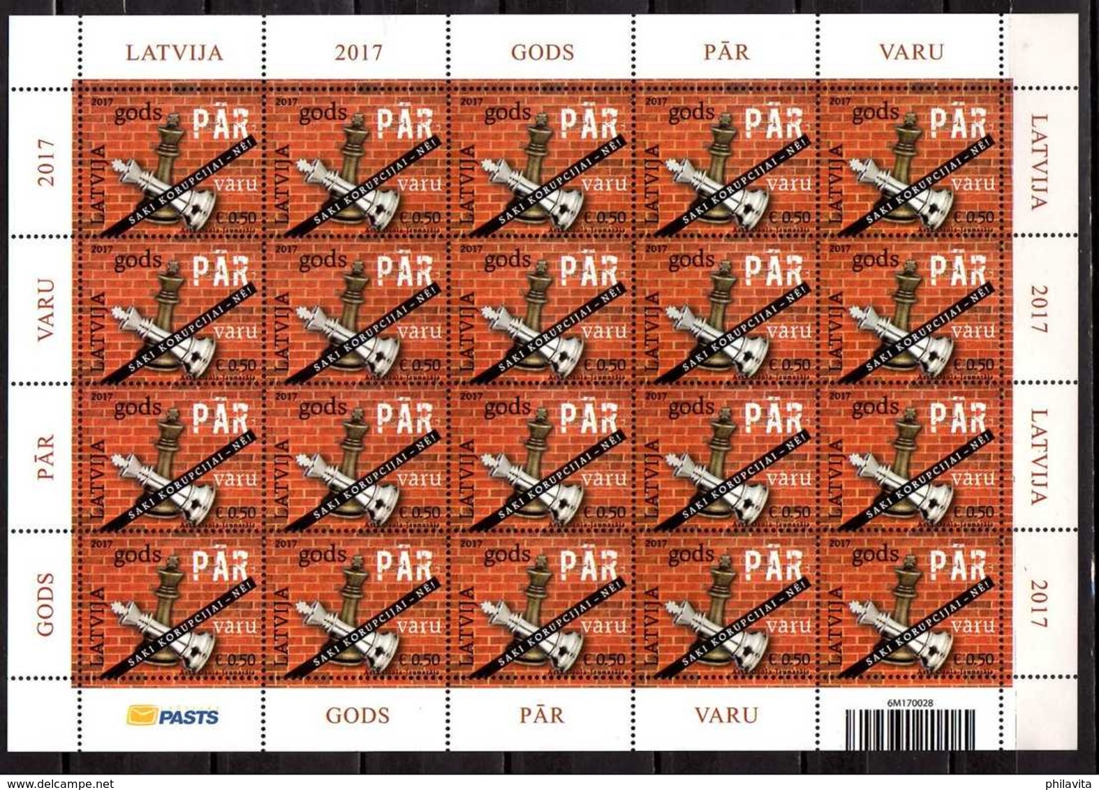 2017 Latvia / Lettland - Against Corruption - Chess Queen -Sheetlet Of 20v MNH** Mi 1026 (gg17) - Lettland