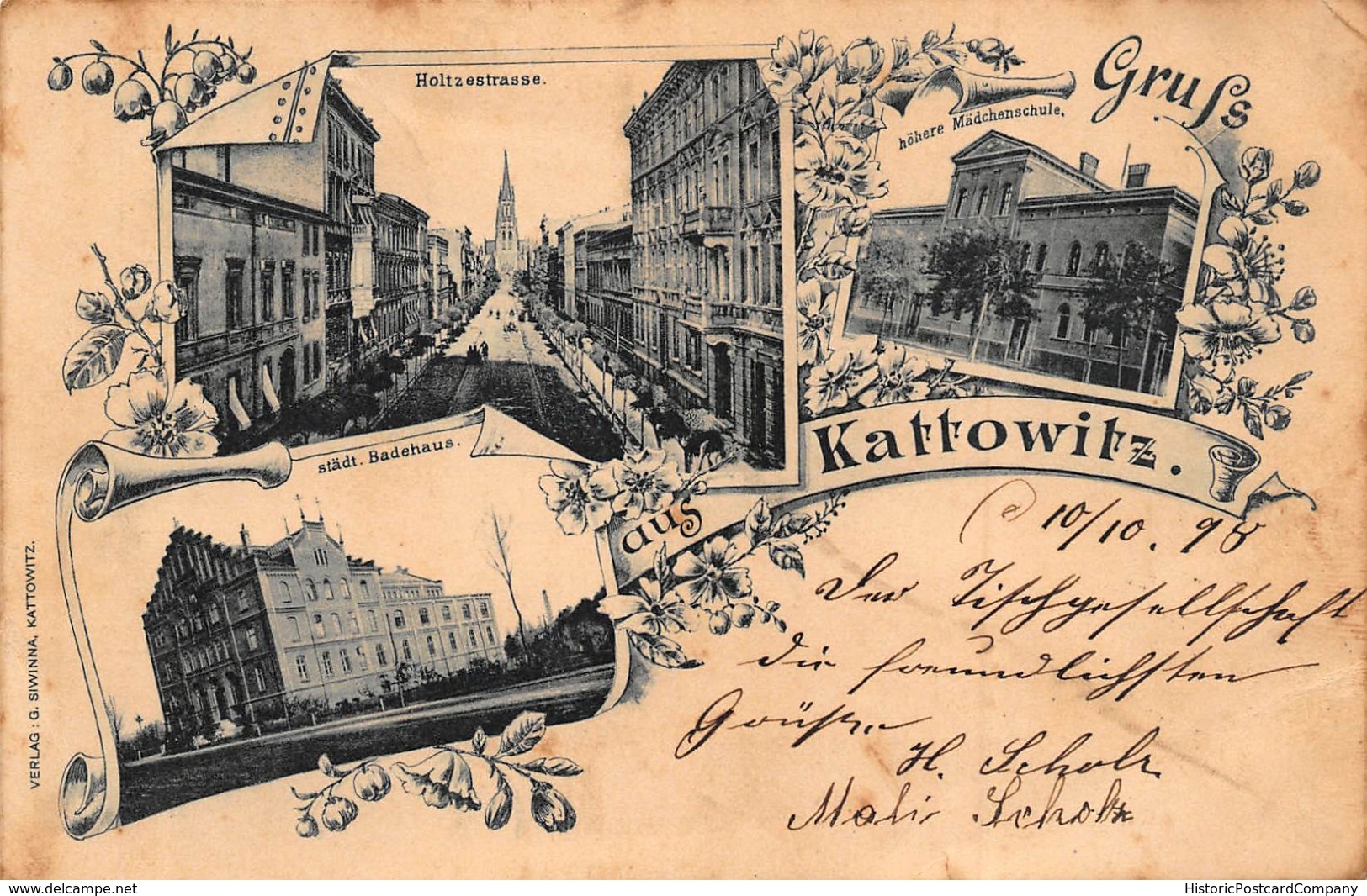 GRUSS Aus KATTOWITZ POLAND ~ HOLTZESTRASSE-BADEHAUS-MADCHENSCHULE~1898 G SIWINNA PUBLISHED PHOTO POSTCARD - Polen