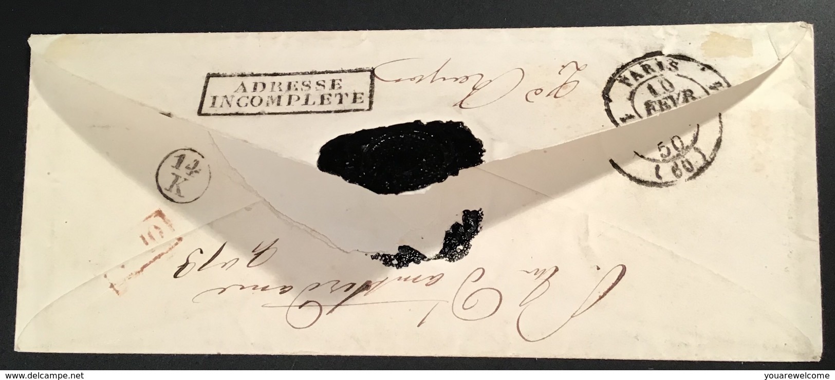 1849 20c Noir CACHET RARE „ADRESSE INCOMPLETE“ Lettre BREST 1850 (28 Finistére) > Paris, Signé Scheller (France Yv 3 - 1849-1850 Cérès