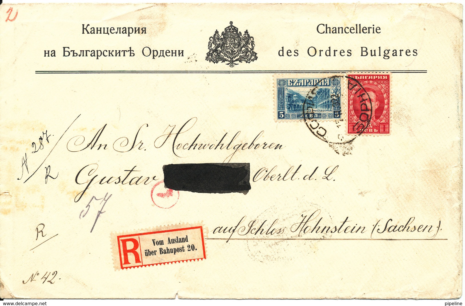 Bulgaria Registered Cover Chancellerie Des Ordres Bulgares Sent To Sloss Hohnstein Sachsen 15-2-1922 (tears On The Cover - Covers & Documents