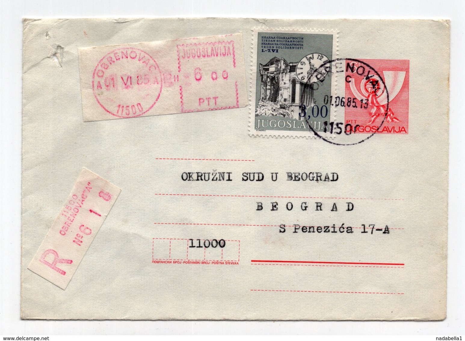1985 YUGOSLAVIA, SERBIA, OBRENOVAC TO BELGRADE, SOLIDARITY WEEK STAMP, REGISTERED, STATIONERY COVER - Postal Stationery