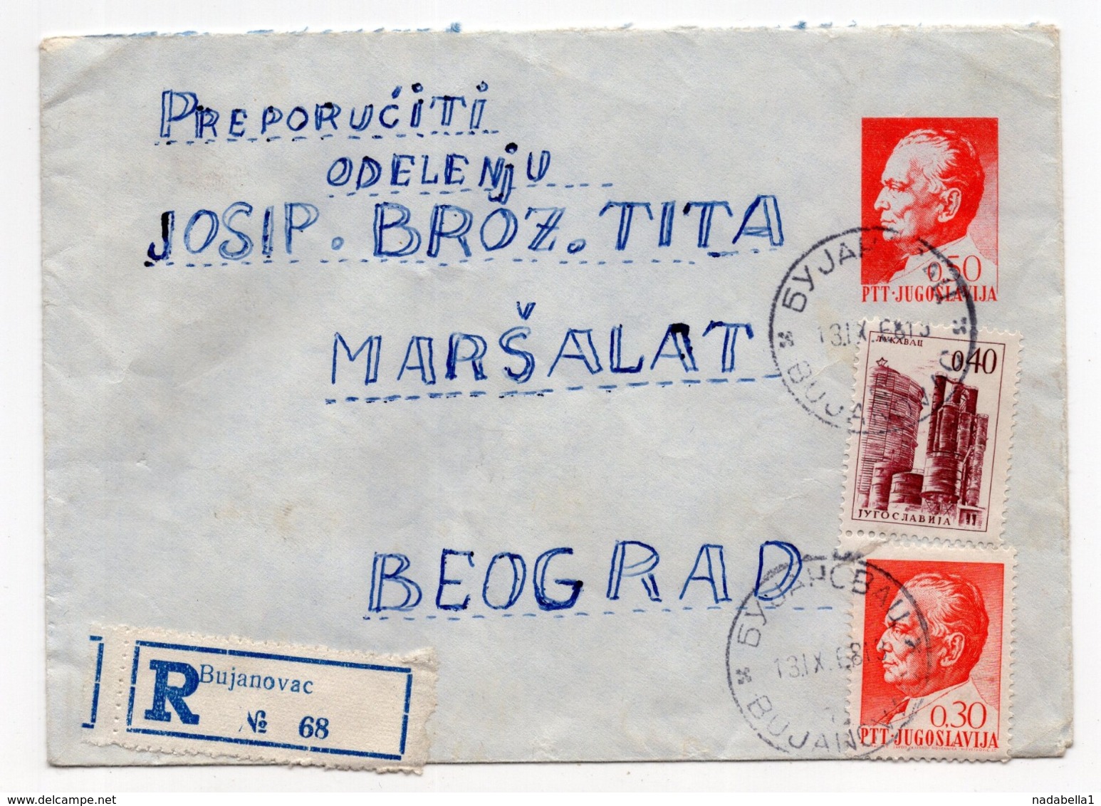 1968 YUGOSLAVIA, SERBIA, BUJANOVAC TO BELGRADE,TITO, REGISTERED MAIL, STATIONERY COVER - Postal Stationery