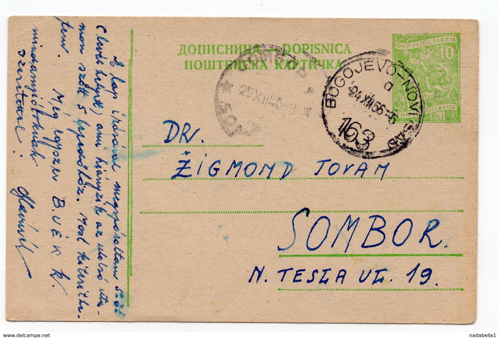 1956 YUGOSLAVIA, SERBIA, TPO 163 BOGOJEVO-NOVI SAD, SENT TO SOMBOR, USED STATIONERY CARD - Postal Stationery