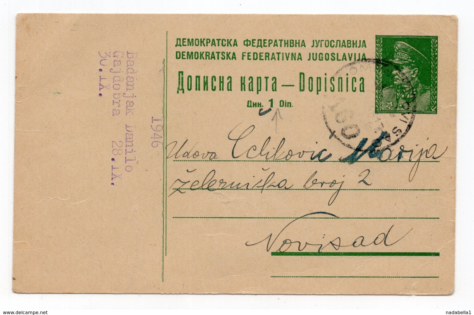 1946 YUGOSLAVIA, SERBIA, TPO 160 SOMBOR-NOVI SAD, TITO, 1 DINAR STAMP, USED STATIONERY CARD - Postal Stationery