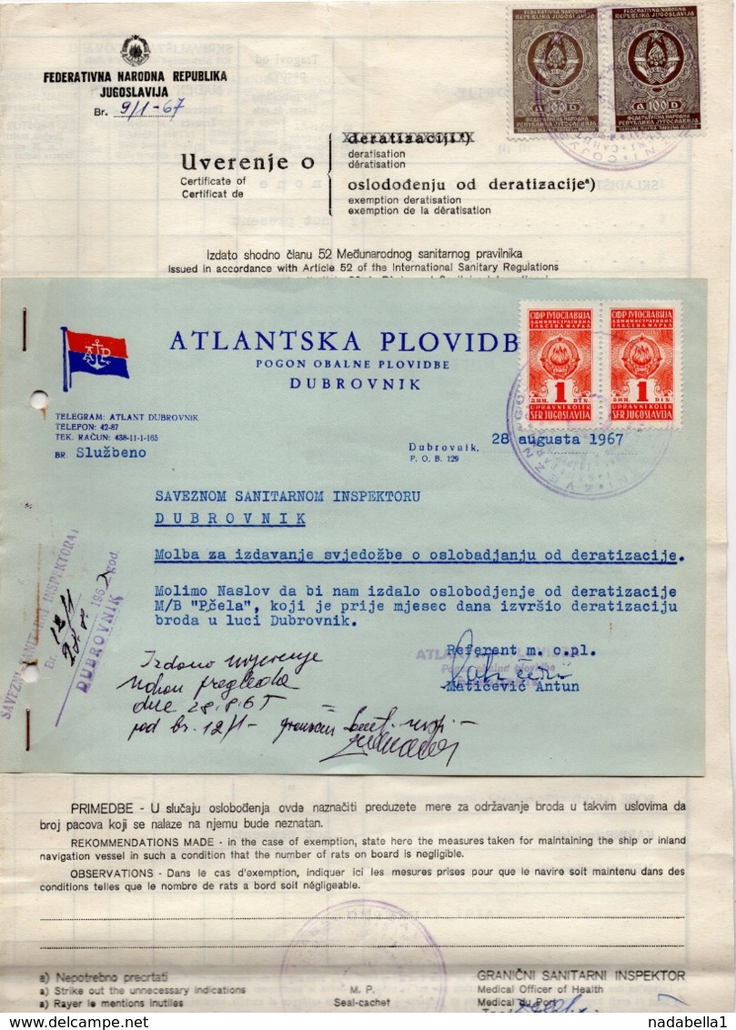 1967 YUGOSLAVIA, CROATIA, DUBROVNIK, ATLANTSKA PLOVIDBA LETTERHEAD, SHIP PEST CONTROL CERTIFICATE, 4 REVENUE STAMPS - Other & Unclassified