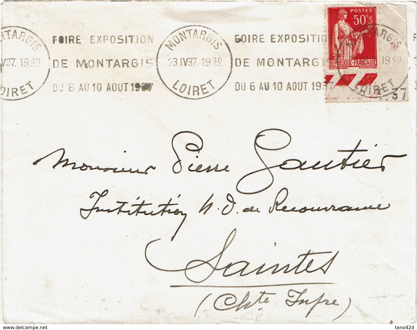 LCTN58/2 - PAIX 50c TYPE III SEUL SUR LETTRE MONTARGIS / SAINTES 23/4/1937 - 1932-39 Frieden