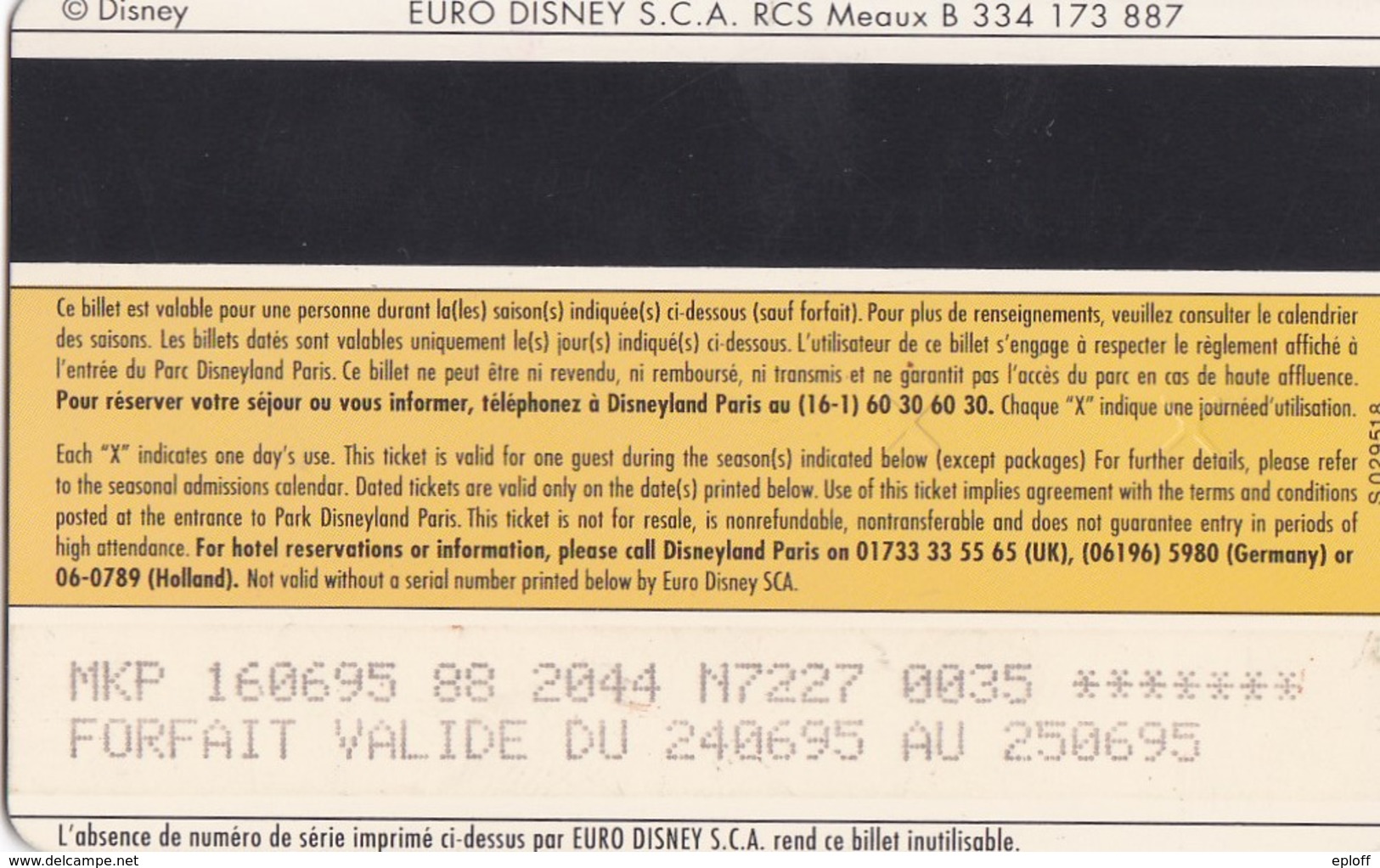 FRANCE 1995     Disneyland    Passeport Adulte Valide Du 24.06.95 Au 25.06.95 - Disney-Pässe