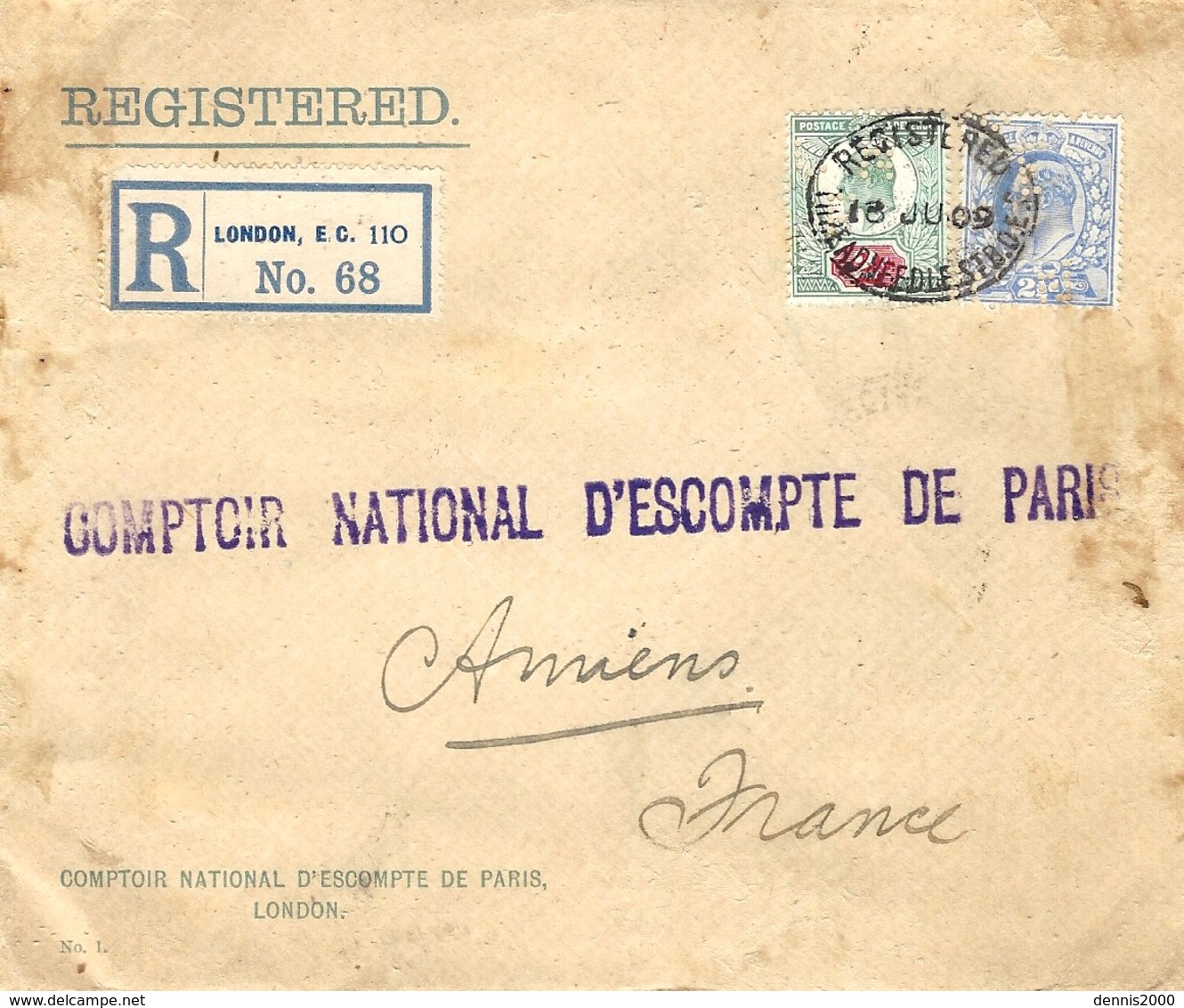1909- REG. Cover From London To Amiens (France ) Fr. 4 1/2 P. Perforated  C N E - Lettres & Documents