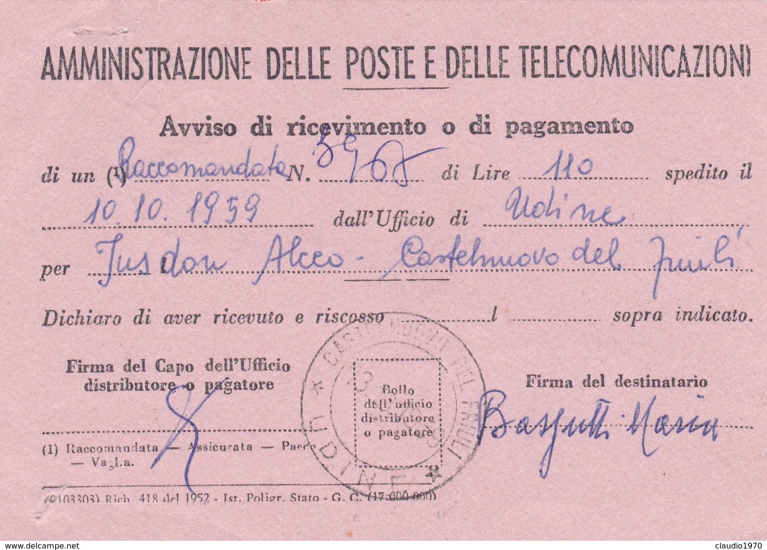 STORIA POSTALE - AVVISO DI RICEVIMENTO O DI PAGAMENTO - UDINE - DESTINATO ALLA CONCESSIONARIO MOTO GUZZI M. D. - UDINE - 1946-60: Marcophilia