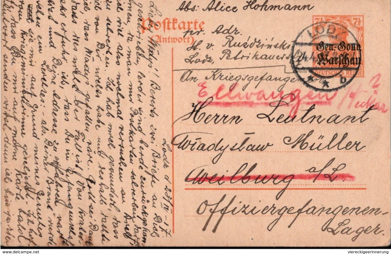 ! 1917 Ganzsache P7A General Gouvernement Warschau, Lodz, An Offiziersgefangenenlager Weilburg, Ellwangen - Occupation 1914-18