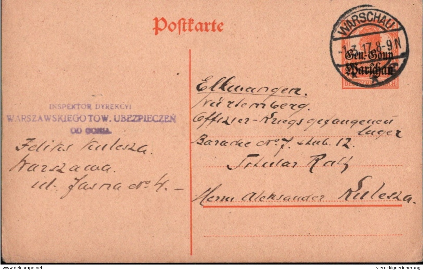 ! Lot  6 Ganzsachen 1917-1918 General Gouvernement Warschau, Polen, Lodz Ciechanow An Offiziersgefangenenlager Ellwangen - Occupazione 1914 – 18