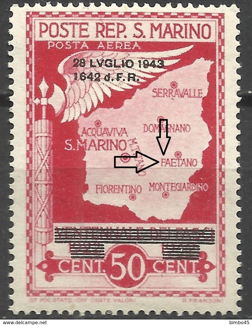 ERRORS--SAN MARINO--1943-- OVERPRINT--  ,,R,,AETANO NO FAETANO----MNH - Variétés Et Curiosités