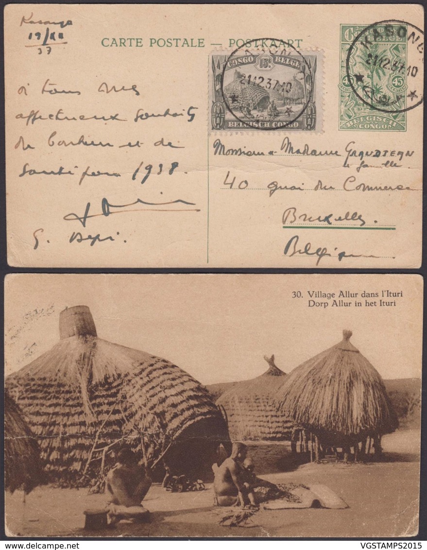 CONGO EP VUE 45C VERT "N°30 VILLAGE ALLUR DANS L ITURI" OBL KASONGO 21/12/1937 (BE) DC-4647 - Postwaardestukken