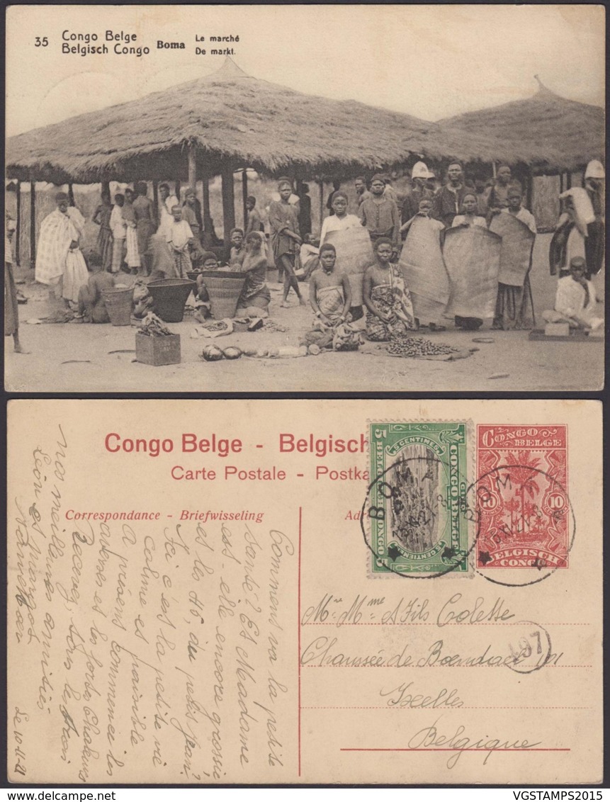 CONGO EP VUE 10C ROUGE  "N°35 BOMA LE MARCHE" OBL BOMA 15/11/1921 VERS IXELLES  (BE) DC-4652 - Stamped Stationery