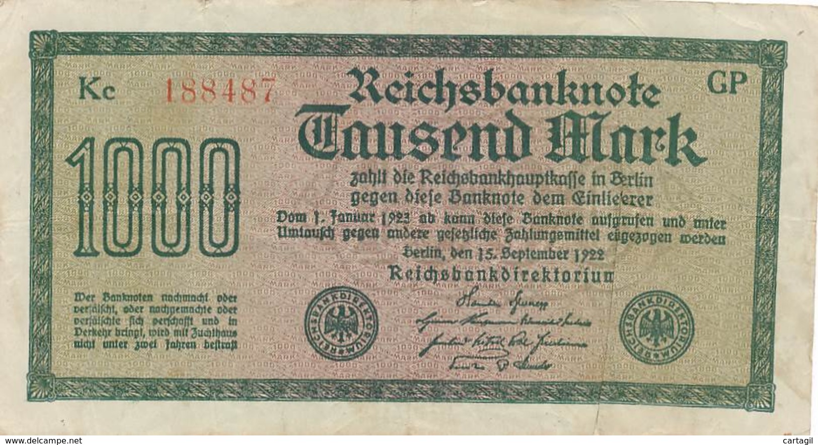 Numismatique -B3729 -Allemagne 1000 Mark 1922 (Catégorie,  Nature,  état ... Scans)-Envoi Gratuit - 1000 Mark