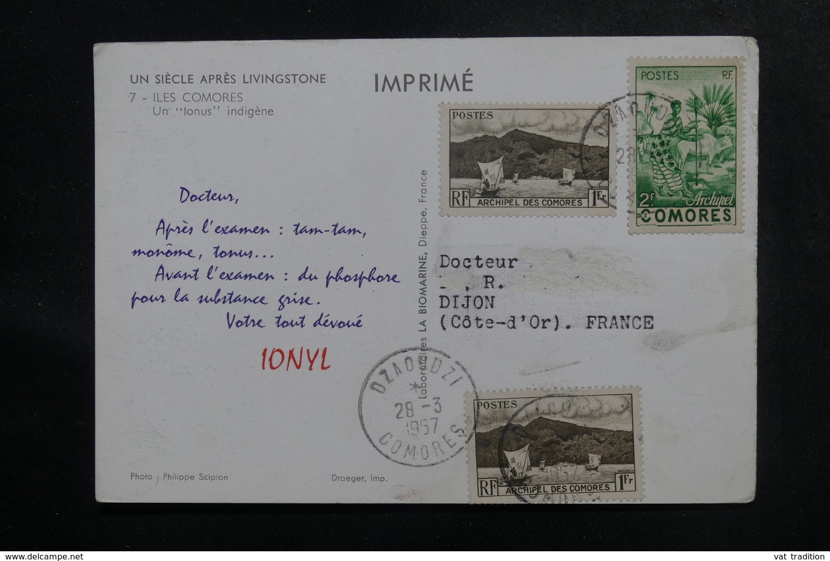 COMORES - Carte Publiciatire ( Biomarine De Dieppe ) De Dzaoudzi Pour La France En 1957 - L 47106 - Cartas & Documentos