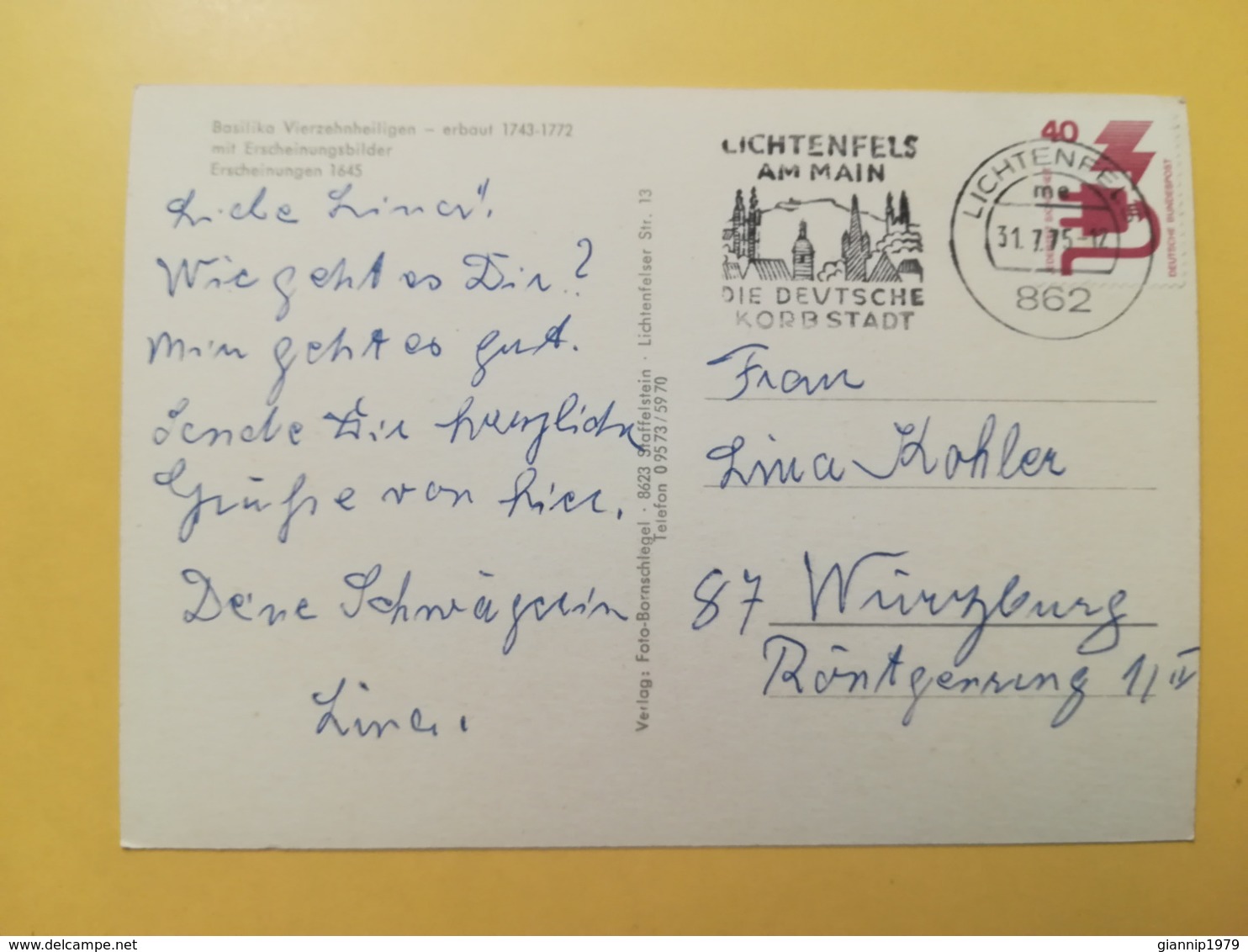 CARTOLINA POSTCARD GERMANIA DEUTSCHE 1975 BASILIKA VIERZEHNHEILIGEN BAD STAFFELSTEI BOLLO INCIDENTI OBLITERE' POSTKARTEN - Lichtenfels