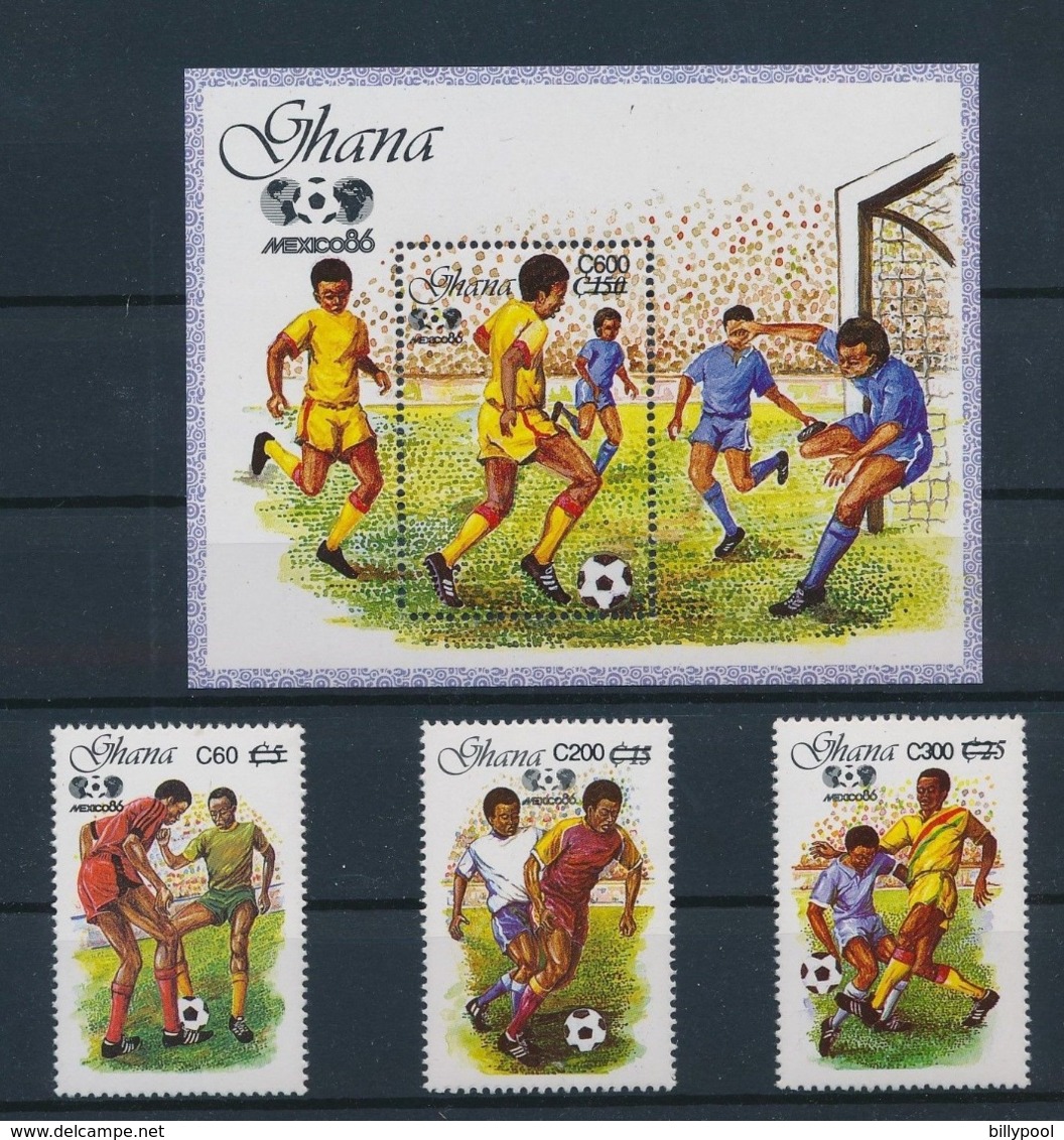 GHANA  1989   Football Soccer World Cup  1986  3v.+SS With New Currency Overprint Perf. - 1986 – Mexiko