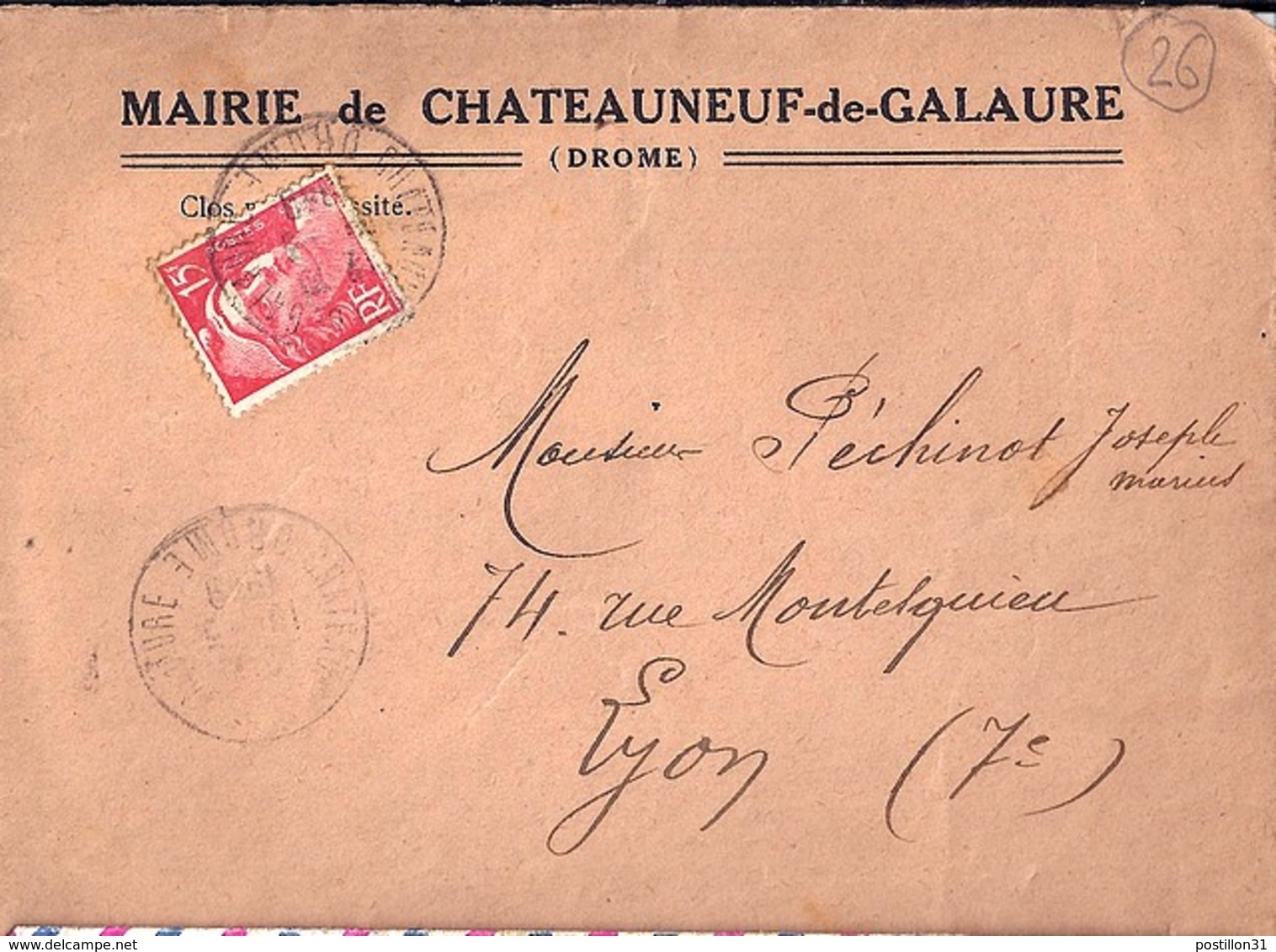 26 - DROME - CHATEAUNEUF DE GALAURE   TAD DE TYPE A6 DE 1959 + ENTETE "MAIRIE DE ..." - Cachets Manuels