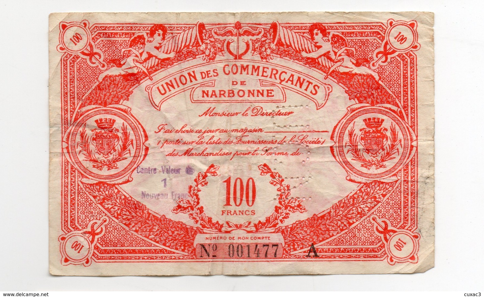 11 - Narbonne - Union Des Commerçants De Narbonne -100 Francs Contre Valeur De 1 Nouveau Franc - Chambre De Commerce