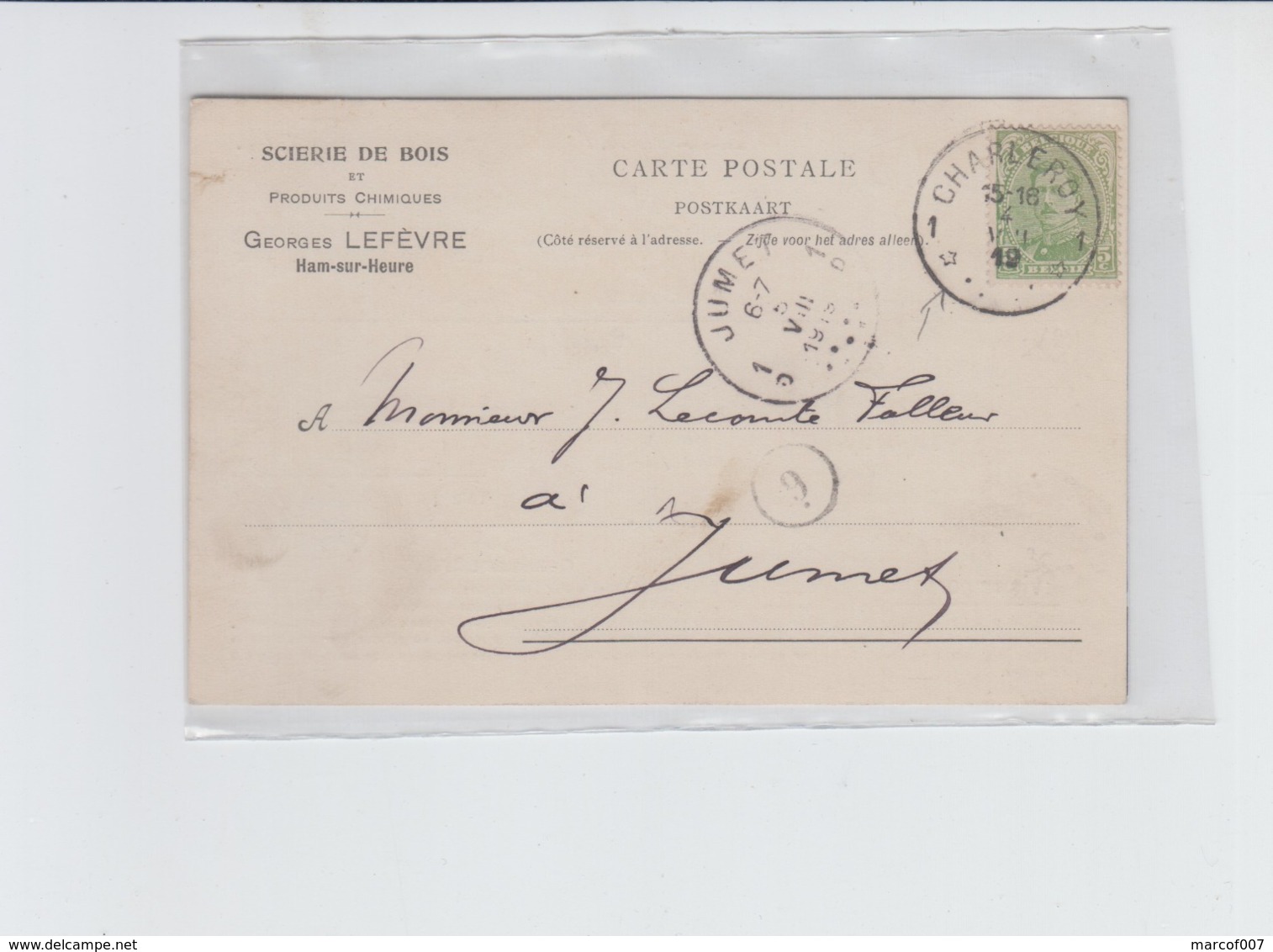 HAM SUR HEURE - SCIERIE DE BOIS LEFEVRE + CACHET AGENCE CHARLEROI 1 - 1919 - Ham-sur-Heure-Nalinnes