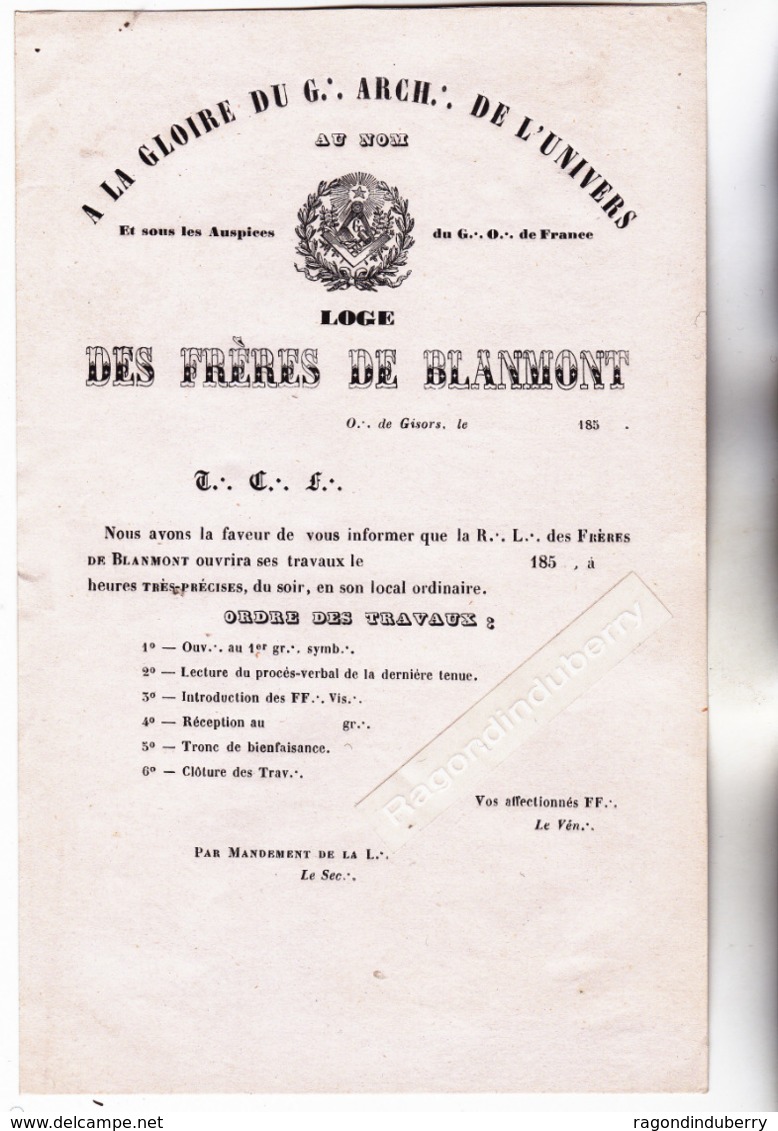 27 - GISORS (Eure) - FRANC MACONNERIE Loge Des Frères De BLANMONT à Gisors. Doc De Convoc Pour Ouv De Travaux 1850 1860 - Unclassified