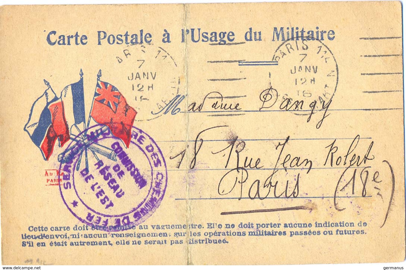 GUERRE 14-18 SERVICE MILITAIRE  DES CHEMINS-DE-FER * COMMISSION DE RÉSEAU DE L'EST  OMec GARCIA PARIS Du 7 JANV 16 - Guerre De 1914-18