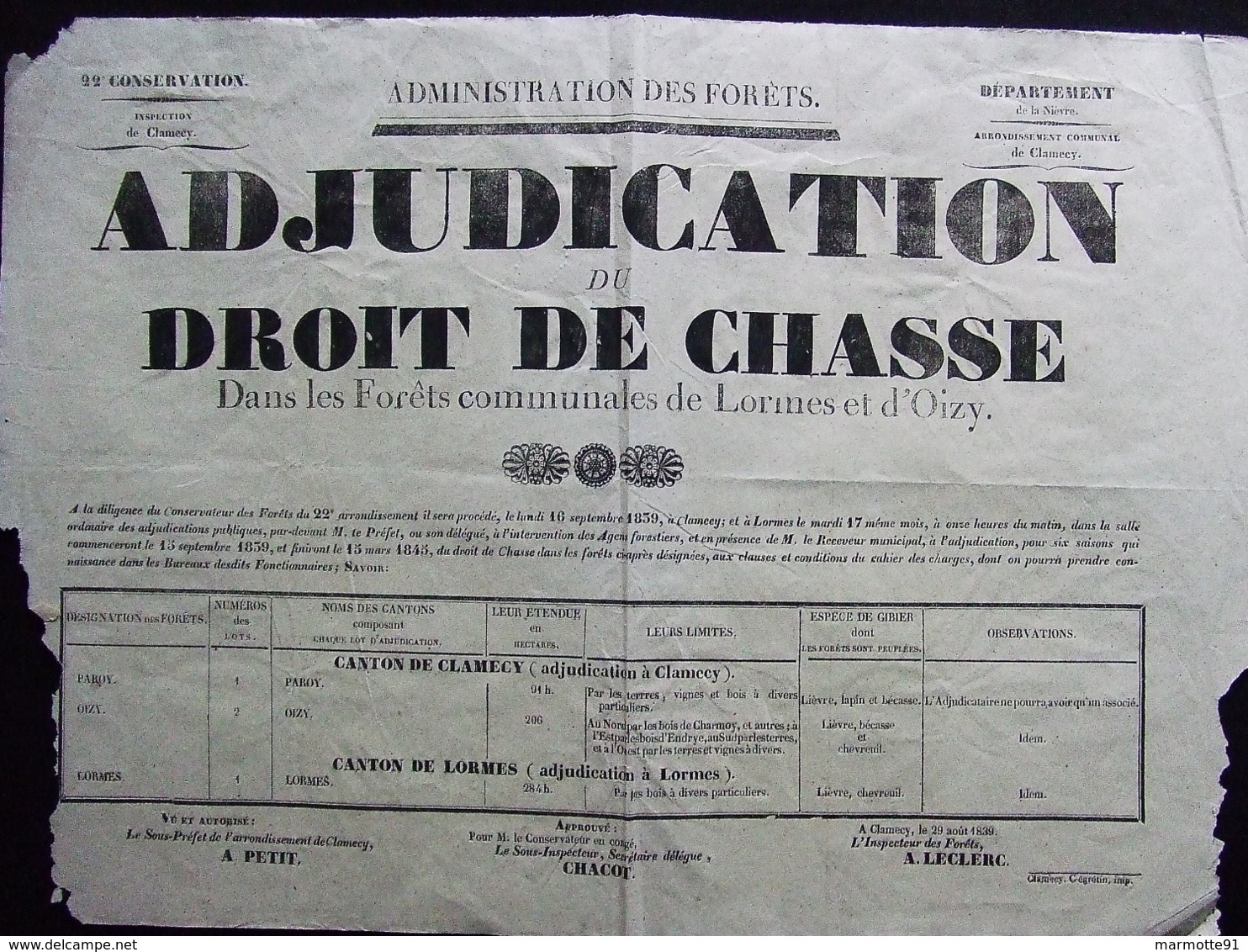 ADJUDICATION DROIT DE CHASSE LORMES OIZY 1839 NIEVRE ADMINISTRATION DES FORETS CLAMECY - Plakate