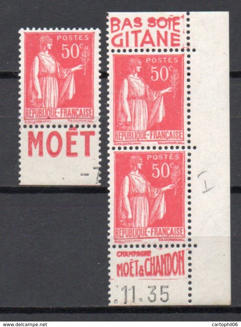 - FRANCE N° 283a X 3 Neufs ** MNH - 50 C. Rose-rouge Type Paix I, AVEC BANDES PUBLICITAIRES - Cote 10 EUR - - 1932-39 Frieden