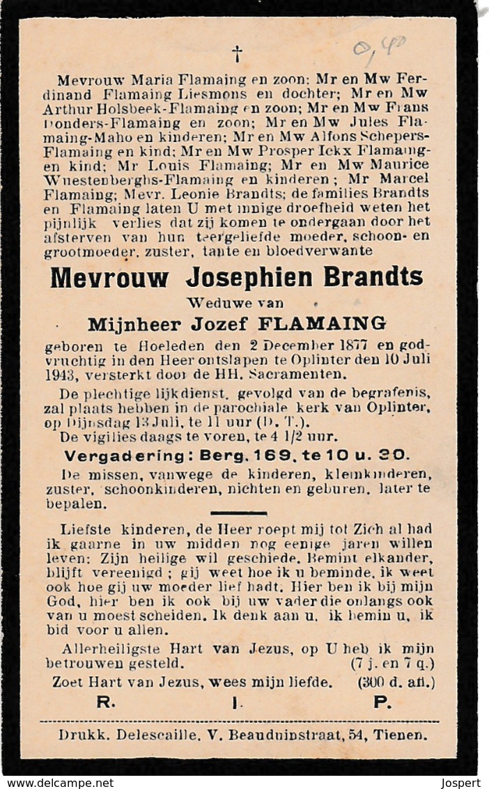 Hoeleden, Oplinter, 1943, Josephien Brandts, Flaming - Images Religieuses