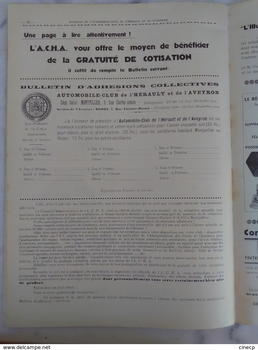 AUTOMOBILE CLUB HERAULT ET AVEYRON BELLE REVUE ART DECO ILLUSTRATEUR JOCARBI 1933 nombreuses publicité s voiture