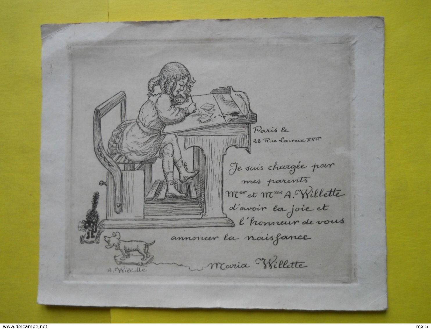 A.Willette ,(collection Des Cent) ,faire -part Naissance De Sa Fille Maria - Geburt & Taufe