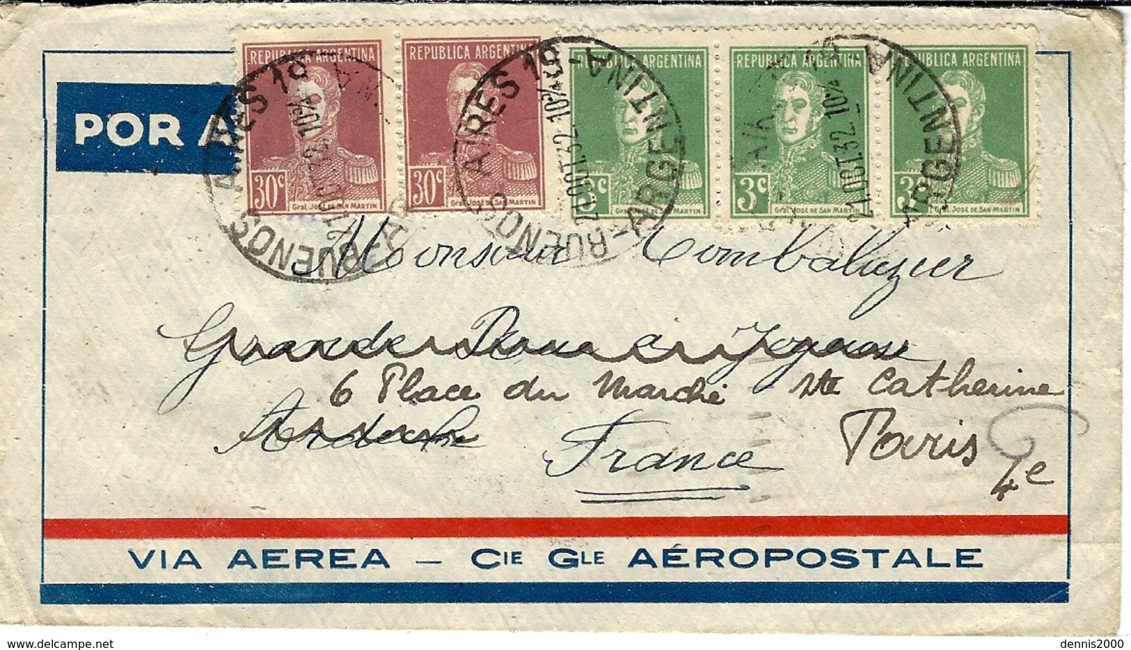 1932- Enveloppe AEROPOSTALE De B A   Pour La France - Affr. à  69  C - Cartas & Documentos