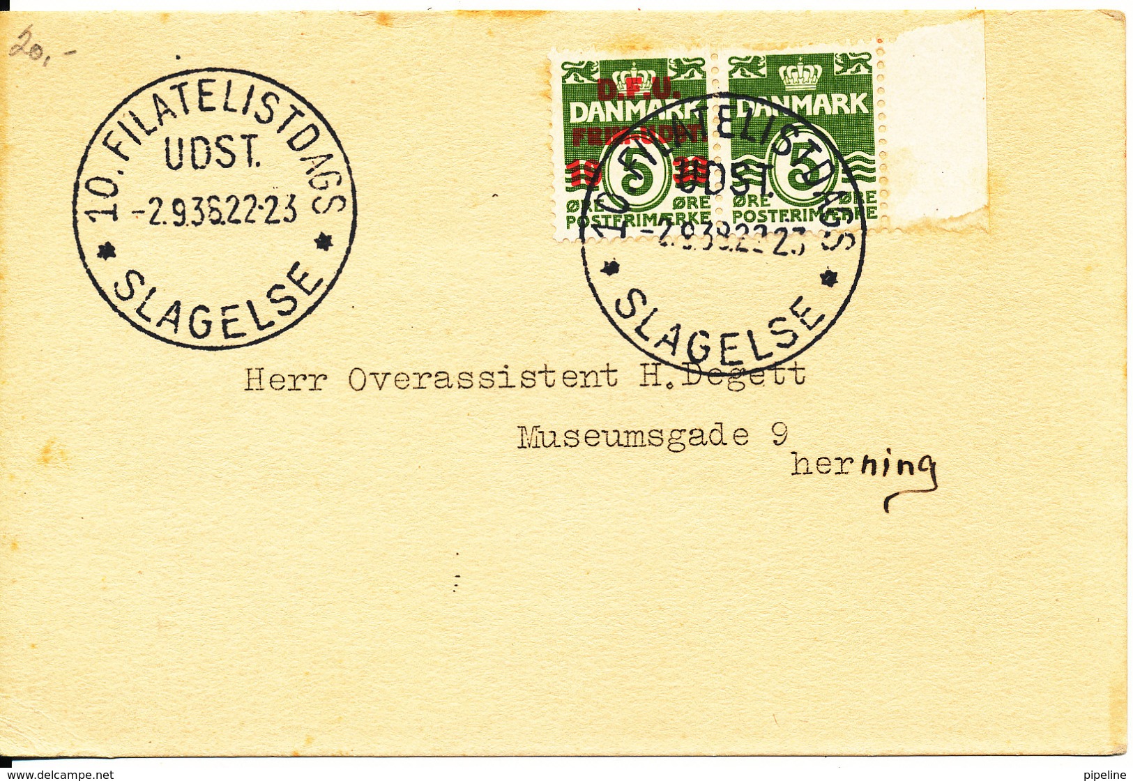 Denmark Letter Card FDC With D.F.U. Stamp Exhibition Slagelse 2-9-1938 - Covers & Documents