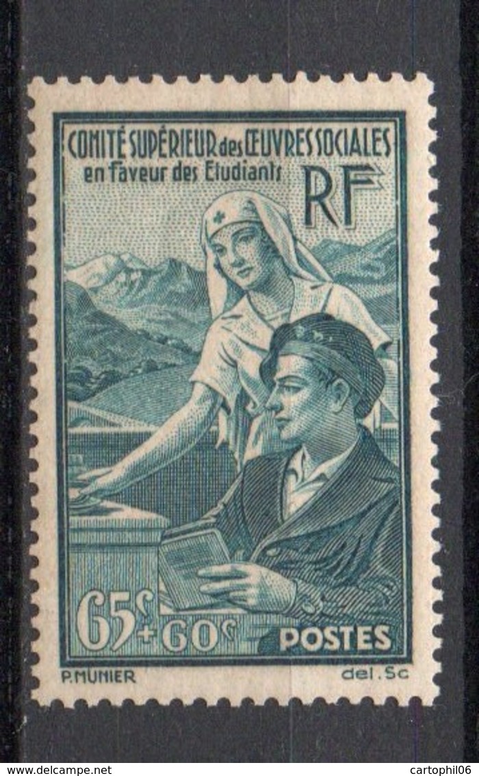 - FRANCE N° 417 Neuf ** MNH - 65 C. + 60 C. Bleu-vert Oeuvres Sociales 1938 - Cote 20 EUR - - Ungebraucht