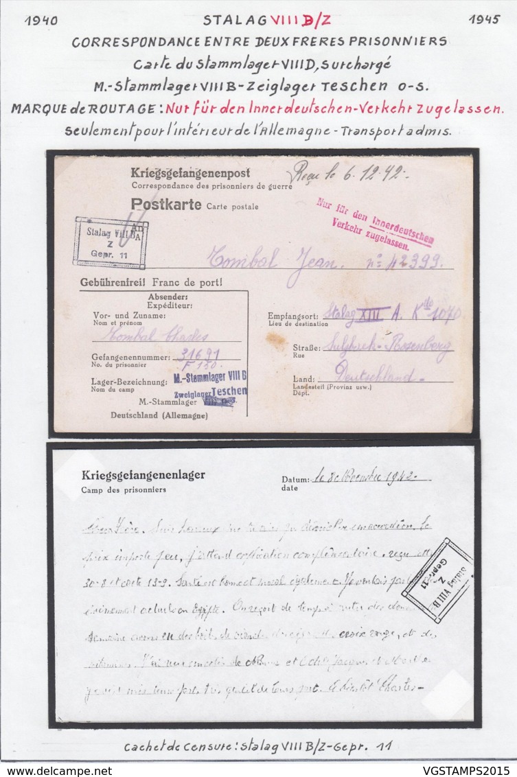 Belgique Stalag VIII B/Z - Correspondance Entre 2 Frères Prisonniers (VG) DC4742 - Guerra 40 – 45 (Cartas & Documentos)