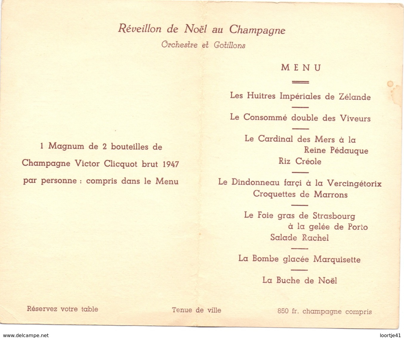Menu - Rotisserie Reine Pédauque - Bruxelles - Réveillon De Noel Au Champagne - Menus