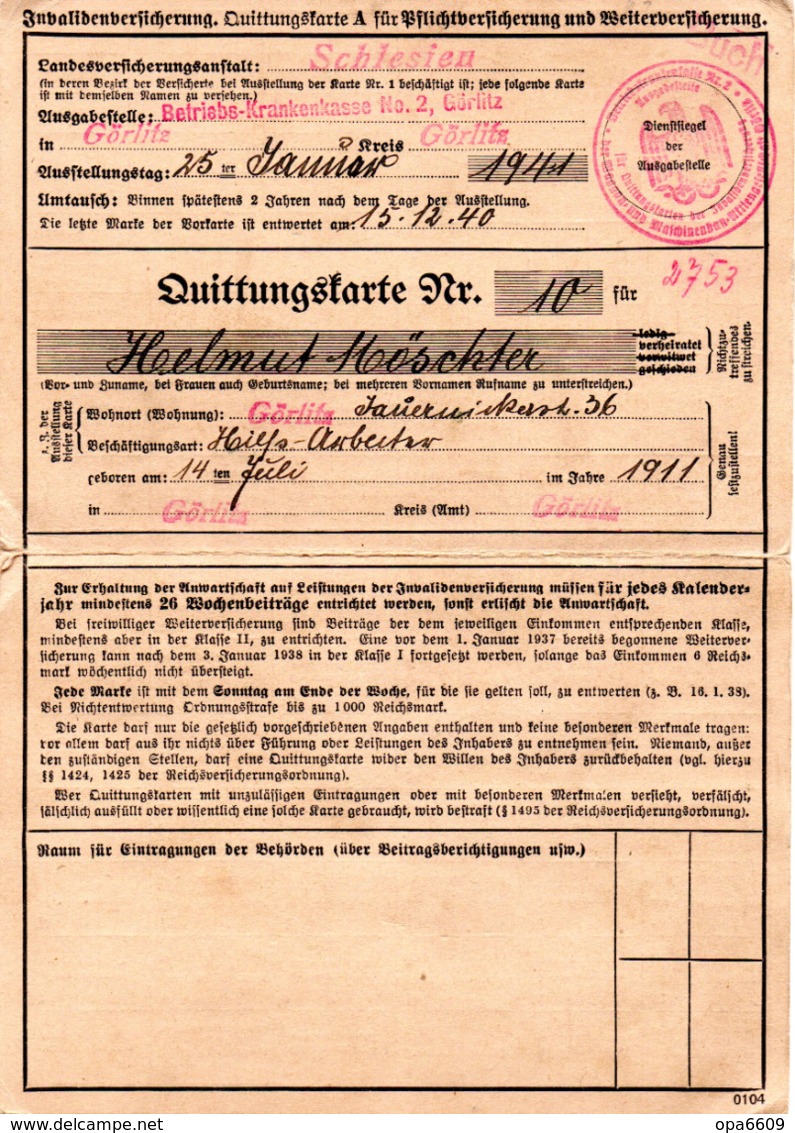 (Kart-ZD) Invalidenversicherung... "Quittungskarte A Für Pflichtversicherung..." Ausgestellt Görlitz 25.Jan.1941 - Documents Historiques