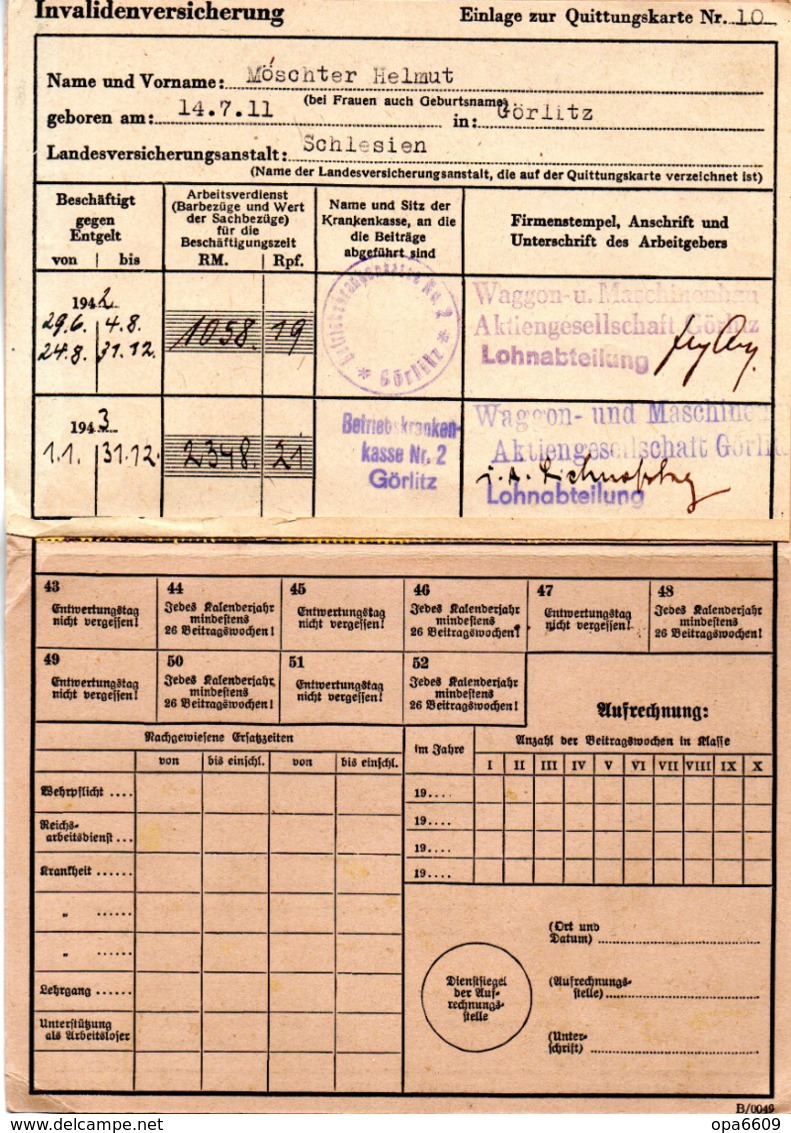 (Kart-ZD) Invalidenversicherung... "Quittungskarte A Für Pflichtversicherung..." Ausgestellt Görlitz 25.Jan.1941 - Documents Historiques