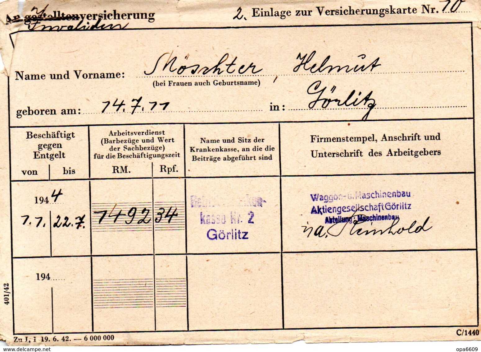 (Kart-ZD) Invalidenversicherung... "Quittungskarte A Für Pflichtversicherung..." Ausgestellt Görlitz 25.Jan.1941 - Documents Historiques