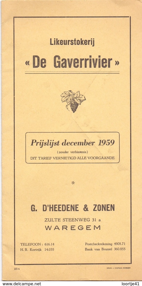 Prijslijst Liste Des Prix - Likeurstokerij De Gaverrivier - G. D'Heedene & Zonen - Waregem 1959 - Non Classés