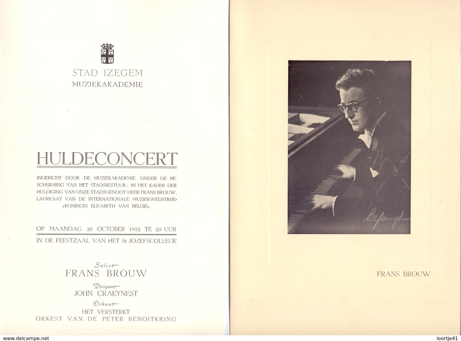 Programma  - Huldeconcert Stad Izegem - Solist Frans Brouw , Dirigent John Craeynest , Orkest Peter Benoitkring 1952 - Programmes