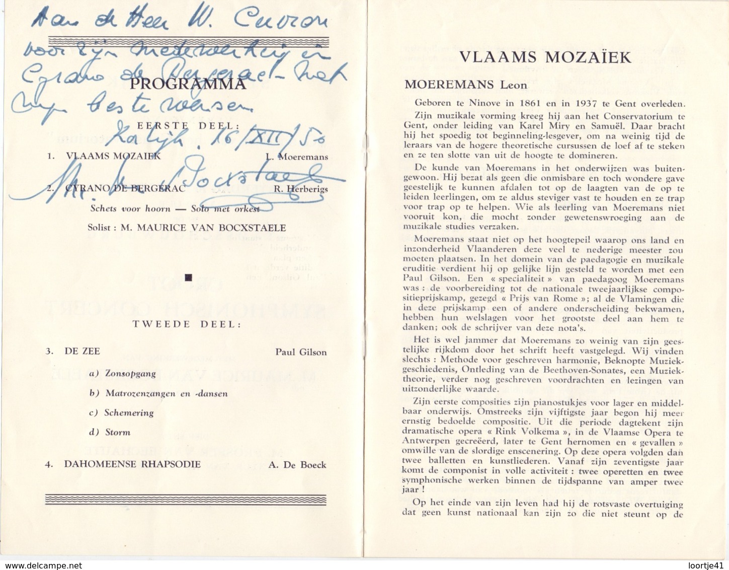 Programma Concert Stad Kortrijk - Handtekening Hoornist Maurice Van Bocxstaele ,1950 - Programmes