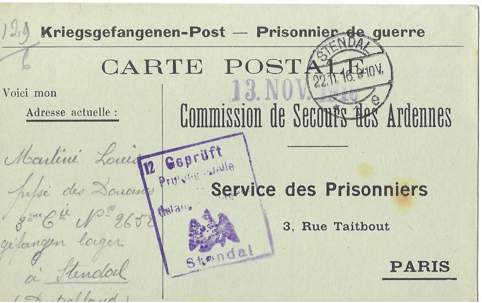 Ardennes Givet  Martini Louis  Soltau  Prisonnier   Remarque:   Daté Du 22/11/1918 - 1. Weltkrieg 1914-1918