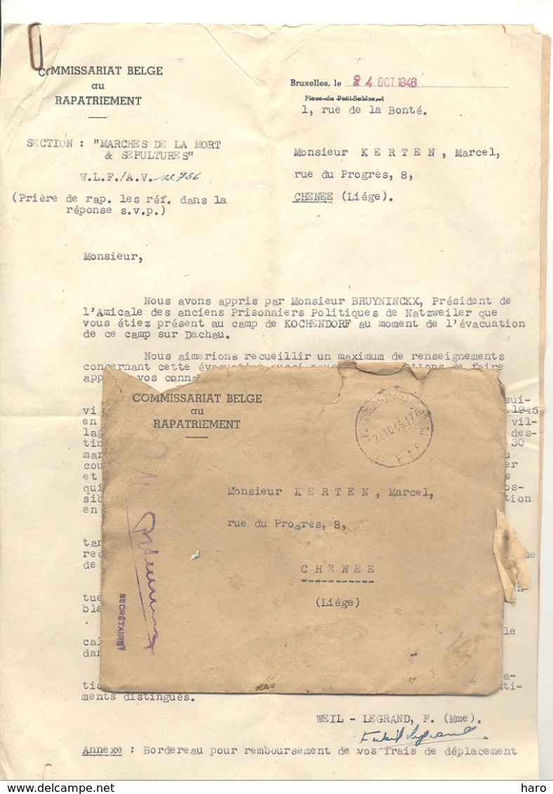 Guerre 40/45 - Lot De Documents Du Commissariat Belge Au Rapatriement - Prisonnier, Camp De KOCHENDORF (b269) - 1939-45