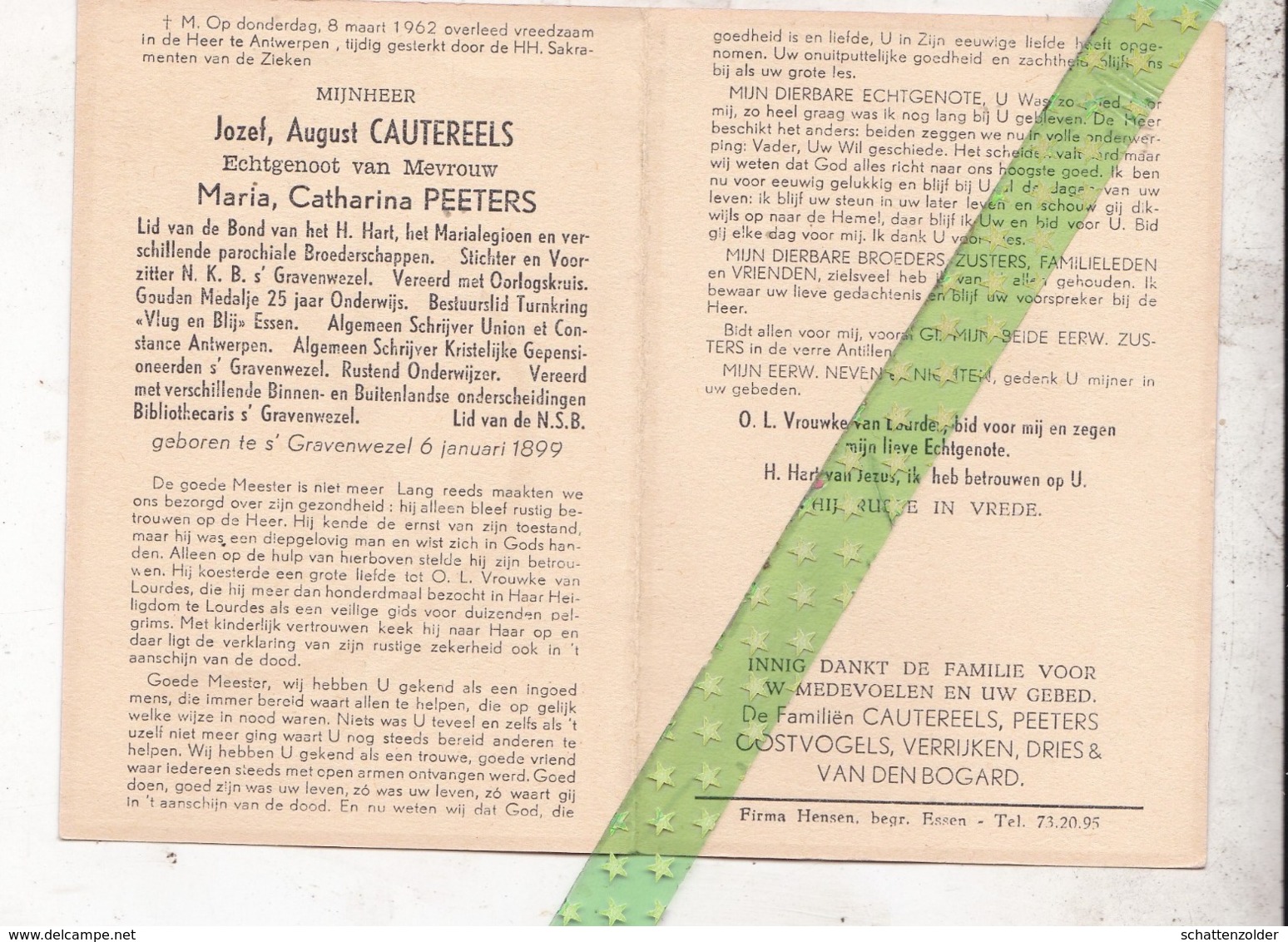 Jozef August Cautereels-Peeters, Gravenwezel 1899, Antwerpen 1962. Onderwijzer, Schrijver - Décès