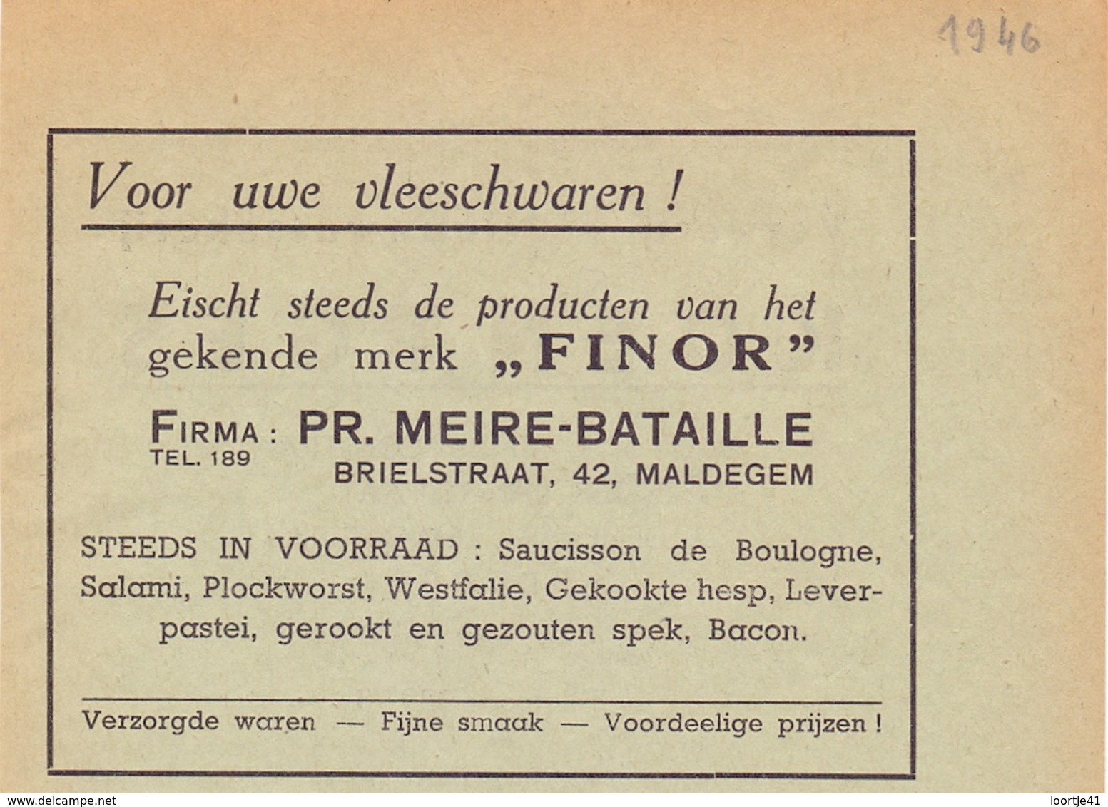 Pub Reclame - Vleeswaren Finor - Firma Pr. Meire - Bataille - Maldegem 1946 - Zonder Classificatie