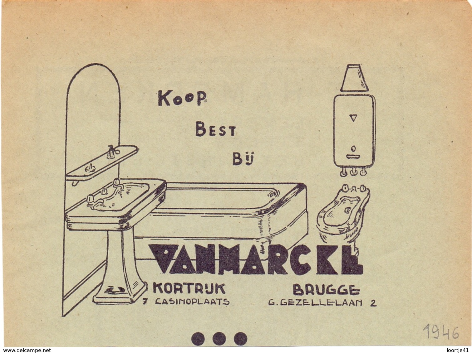 Pub Reclame - Sanitair , Vanmarcke - Kortrijk - Brugge 1946 - Zonder Classificatie
