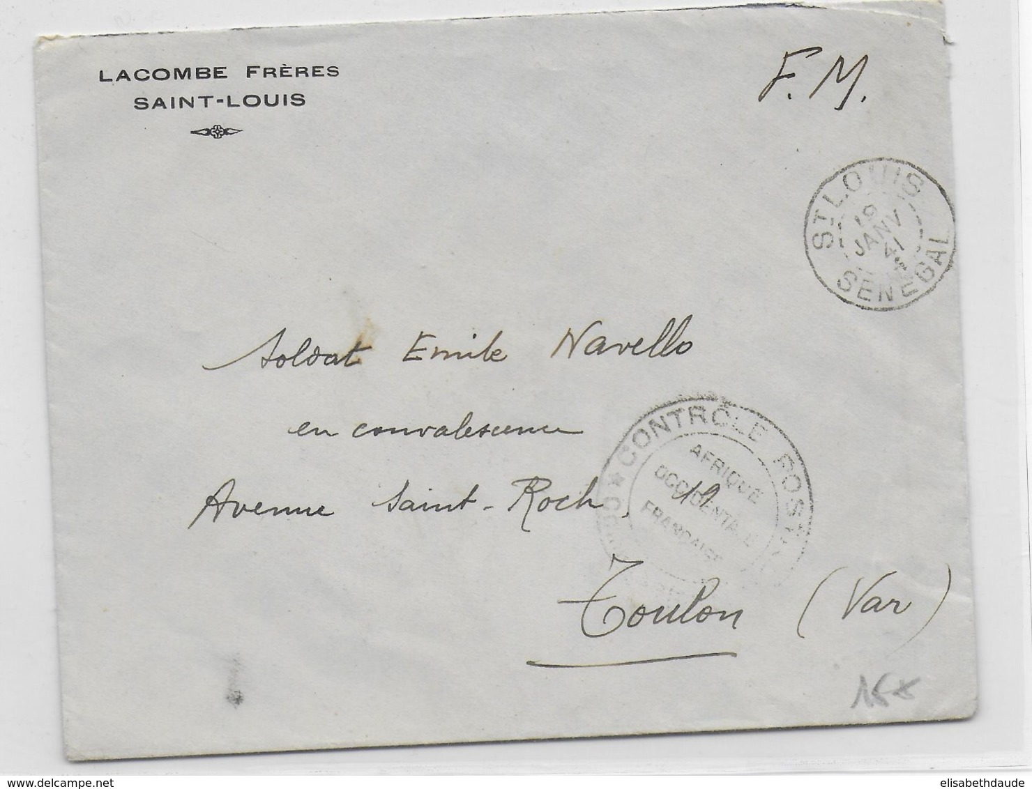 1941 - ENVELOPPE FM De SAINT LOUIS (SENEGAL) Avec CENSURE AOF => TOULON - Briefe U. Dokumente