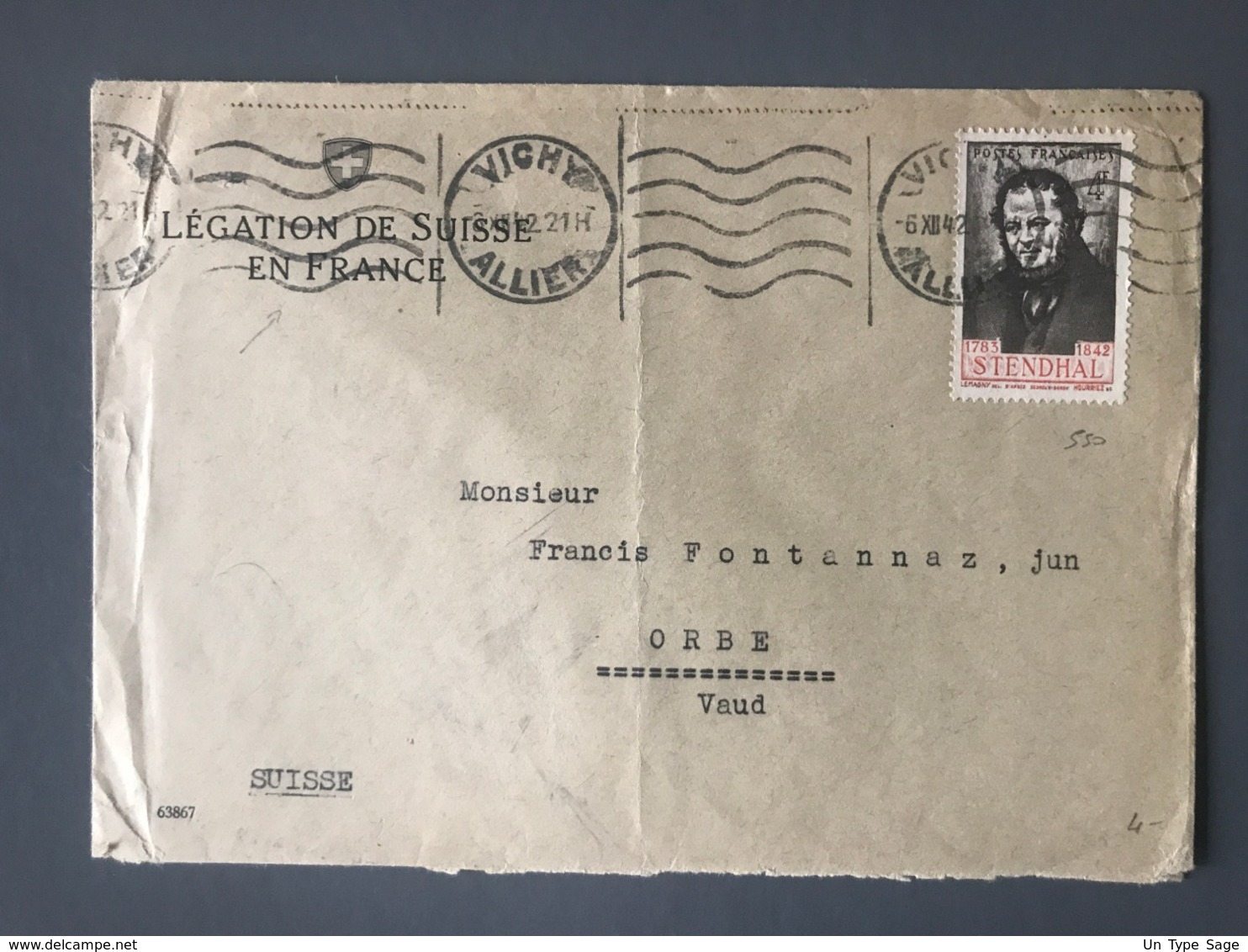 France N°550 (Stendhal) Seul Sur Lettre De Vichy Pour Orbe 1942 - (B2540) - 1921-1960: Modern Tijdperk